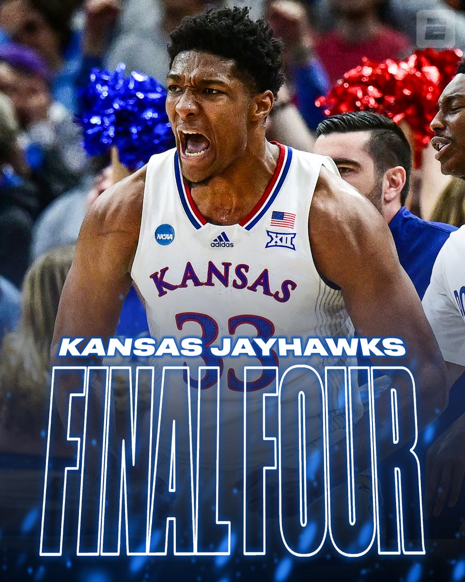 espn's tweet photo. ROCK CHALK COMEBACK 😤 

1-seed Kansas outscores 10-seed Miami by 32 in the second half to punch its ticket to the men's Final Four! https://t.co/SykEcn9ekL