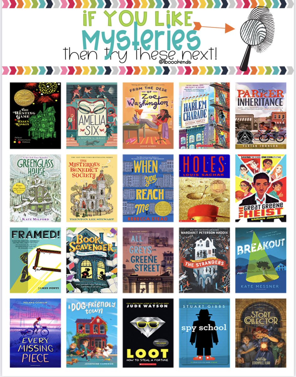 LBookends's tweet photo. We loved sharing our 21-22 #kidlit faves with you &amp; can’t wait to show you our #mglit Book Menus. These are for students who are looking for specific theme suggestions. First up - #mysteries! Feel free to print/share with your own patrons and teachers! https://t.co/CII2xozycq