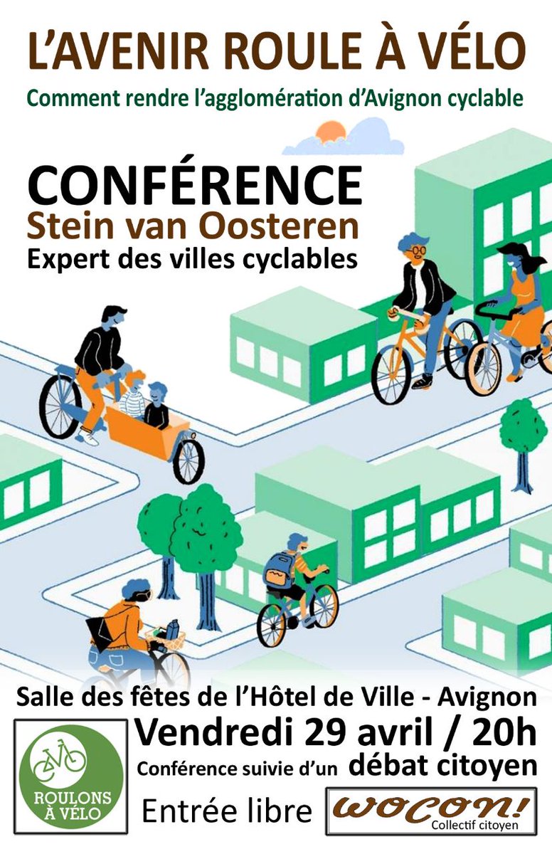 CollectifPuma's tweet photo. Conférence de Stein van Oosteren @LCyclable à la salle des fêtes de la mairie de @Avignon! Vendredi 29 avril 20h. Organisé par Wocon et @roulonsavelo 
-> comment rendre l'agglo d'Avignon cyclable? https://t.co/omoIY0MN7A
