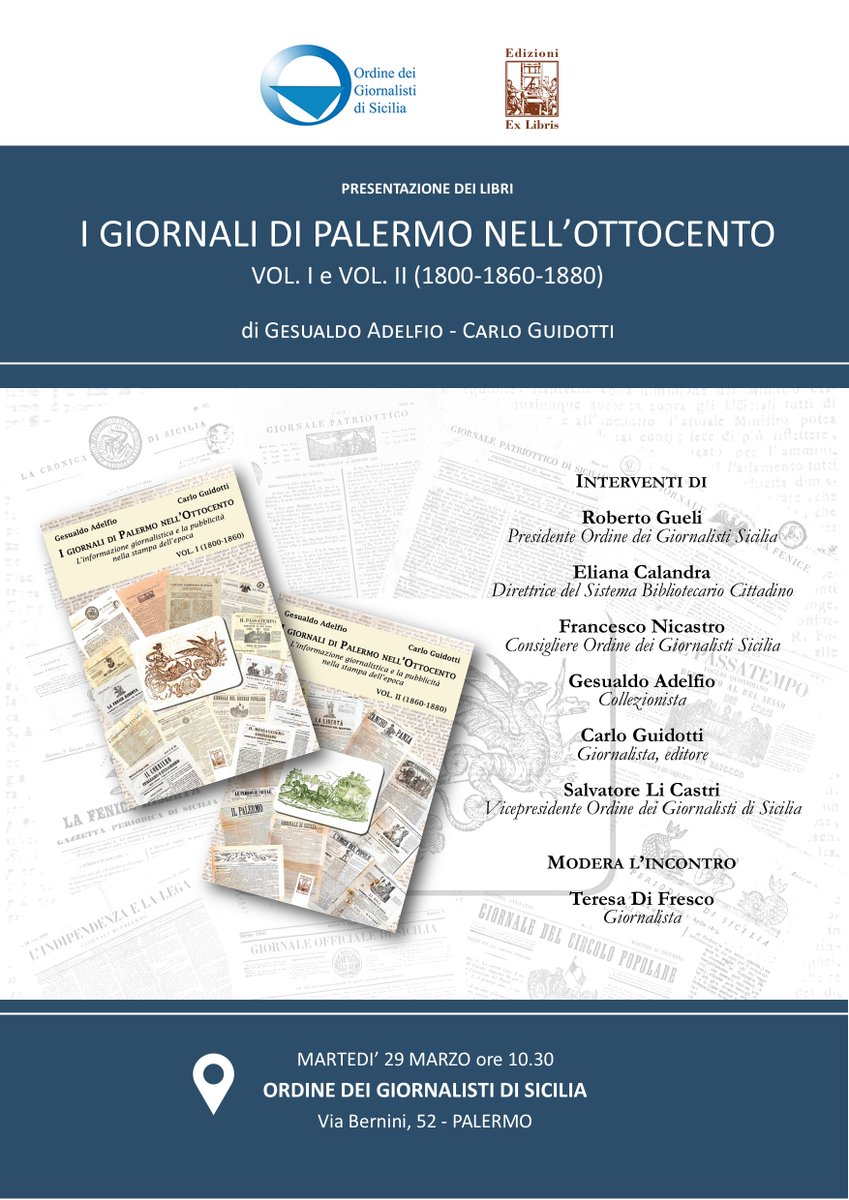 ReferPost's tweet image. Presso la sede della biblioteca dell'Ordine dei Giornalisti di Sicilia si presenterà il progetto editoriale legato alla storia del giornalismo palermitano dell'Ottocento.
@edexlibris #edizioniexlibris #saggistica #storia #palermo #sicilia #giornalismo #stampa #libertàdistampa