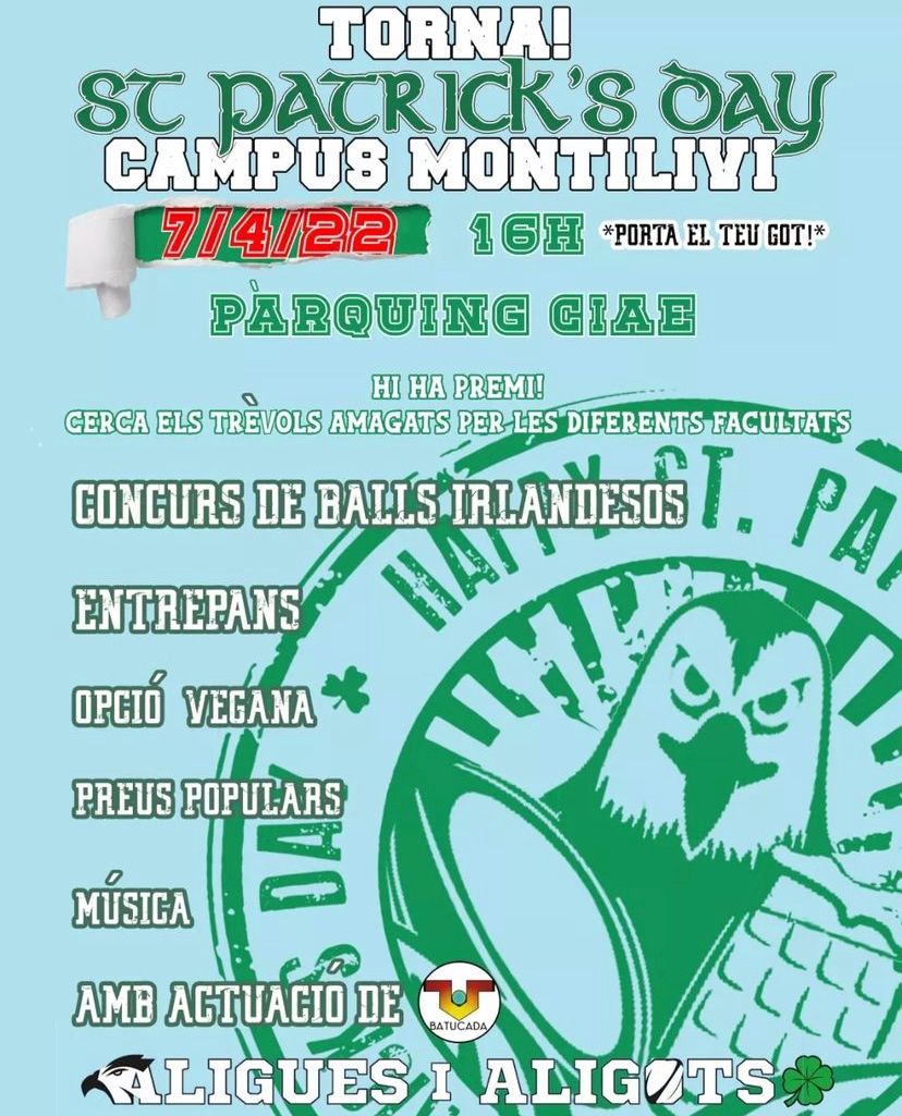 Després de molts dies de pluja ha sortit el sol!!!!☀️ I a qui no li entra una birreta al solet??? 😏😏🌈🌈
Tenim NOVA DATA de St. Patrick's!!!☘️🍀

📆Dijous, 7 de abril 
📍Campus de Montilivi (pàrquing CIAE)
⏱️A partir de les 16h

Aneu preparant motors🔥💃🍀

ARE YOU HAPPY🌈🍀?
