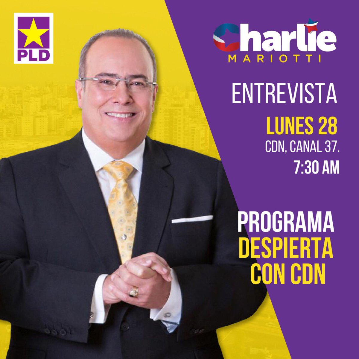 charliemariotti's tweet photo. Este lunes a las 7:30am estaré en el programa "Despierta con CDN" por @CDN37 tratando temas de suma importancia acerca del proceso de transformación del @pldenlinea y de interés nacional. ¡No se lo pierdan! ⚡ https://t.co/3yCpKWASbB