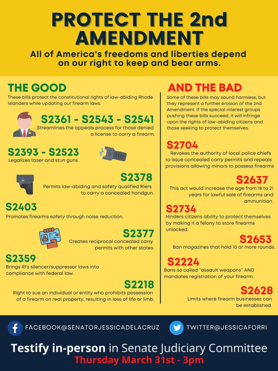 JessicaforRI's tweet image. 🚨 On 3/31, several firearms bills will be heard in RI's Judiciary Committee.  

Show up, wear yellow, &amp;amp; advocate for your rights. Arrive early &amp;amp; sign up to testify in front of the Judiciary Committee as a citizen of RI.

When: 3/31 @ 3PM
Where: RI State House: Room 313
#2A