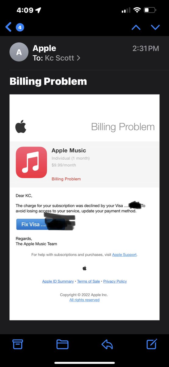kcisasinger21's tweet photo. So is @Apple trying to scam anyone else… or is it just me? This is the 4th time in the last few days they’ve tried to charge my card for almost $30 for no reason. You can see that my @AppleMusic trial doesn’t end until June, but why are they attempting to charge me now. https://t.co/ouukwMO94T