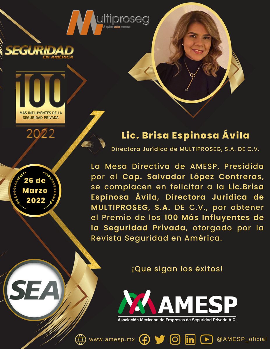 AMESP_oficial's tweet photo. Felicidades a nuestros asociados ganadores del Premio los #100MásInfluyentesDeLaSeguridadPrivada otorgado por la Revista @Seguridad_En_Am 

Lic. Brisa Espinosa y Lic. Miguel Champo del Valle de #Multiproseg @MULTIPROSEG_ 
  
#SoyAMESP #HablemosBienDeLaSeguridad #FuerzaAMESP https://t.co/7hOn5aWwZh