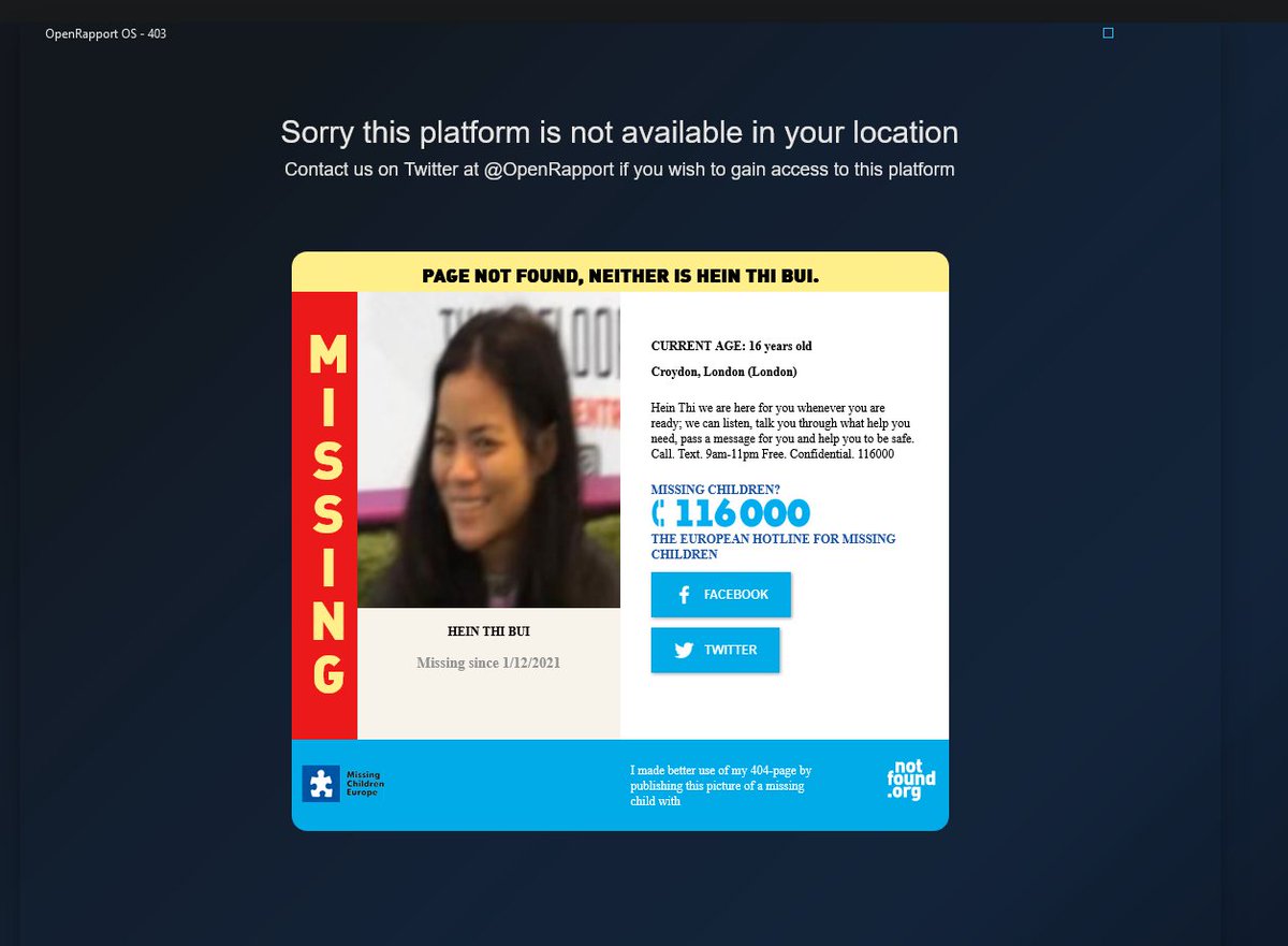 OpenRapport's tweet photo. If you can see this message https://t.co/olvAiOIxce is not available in your country. 

@notfoundorg - But perhaps this person is. https://t.co/CrruTJxggQ
