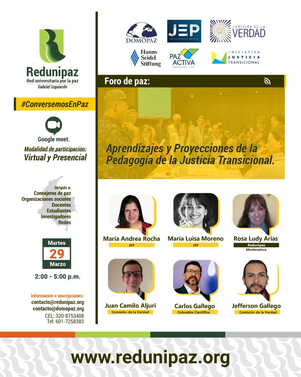 TransicJusticia's tweet photo. Pasamos fronteras y nos sumamos a este maravilloso Foro de Paz sobre #justiciatransicional

Con la participación de @Sociologo1
Luis Cedeño. 

Inscríbete y participa a través del link: 
https://t.co/nCp7on0Hmn

#conversemosenpaz #creandopaz https://t.co/nWHt8f79NJ