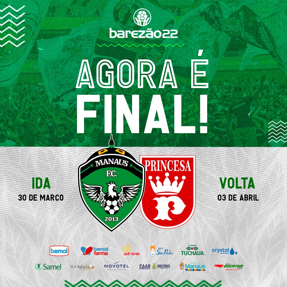 oficialmanausfc's tweet photo. Definido o adversário da grande final do #Amazonense22: 🆚 Princesa do Solimões!
As partidas acontecem no dia 30 de março e 03 de abril. Em breve maiores informações sobre locais, ingressos e transmissão. Será histórico!🏹
🦅⚔️🦈
#VoaGavião🦅 #otimedafloresta🌳 https://t.co/6u3QGGy5OZ
