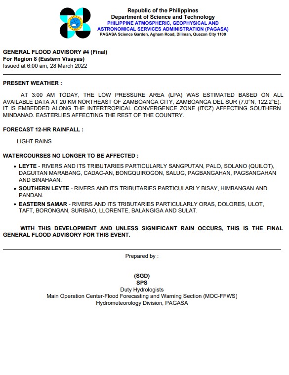 dost_pagasa's tweet photo. General Flood Advisories (GFAs)
Issued @ 6AM, 28 March 2022
Region 8 (Eastern Visayas) - #GFA4F
Region 10 (Northern Mindanao) - #GFA3F
Region 11 (Davao Region) -#GFA5F
Region 13 (CARAGA) - #GFA5 https://t.co/rKdPXeb36p