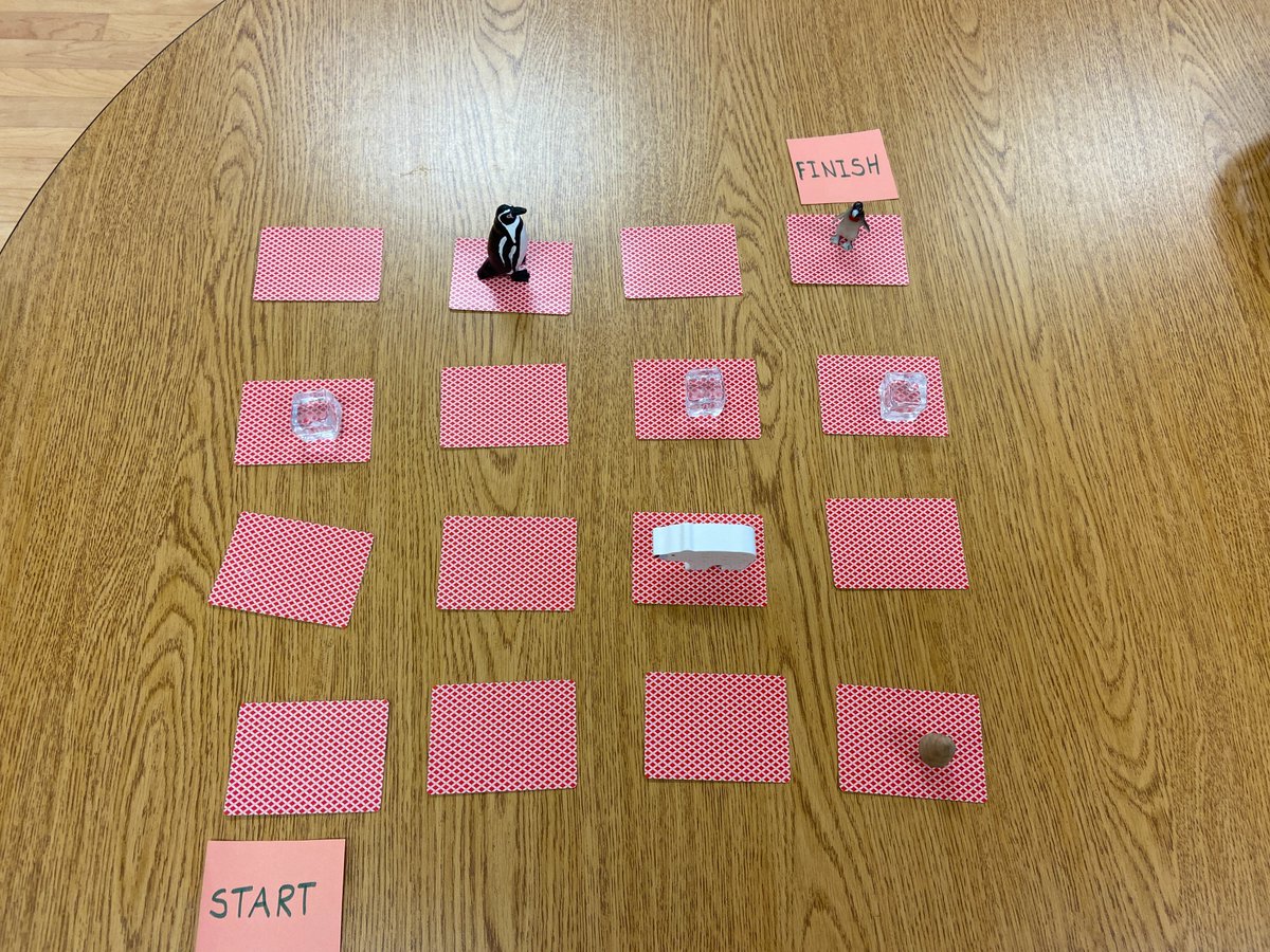 mrs_orchard's tweet image. We are learning about unplugged coding. You can use a deck of cards to make a coding board, or make your own board. Ss had to get mama penguin to baby penguin using arrows and turns. 2/2 #fdk #coding #unpluggedcoding #mathfun