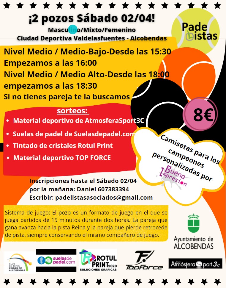 ¡Padelista, 2 Pozos de padel de diferente nivel para la tarde del Sábado 02 de Abril!
No te quedes sin jugar 😉
Ya ves que te avisamos con tiempo para que te apuntes y tengas tu plaza reservada ¡Buen Martes!  <a href="/atmosferasport3/">atmosferasport3c</a>  <a href="/TopForce_Europa/">TOPFORCE Europa</a> Top