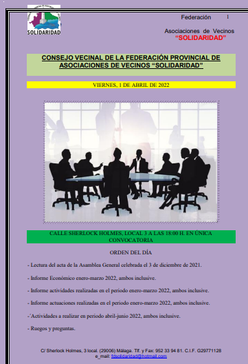 Invitamos a las malagueñas y malagueños a participar en la Federación Provincial de Asociaciones de Vecinos "SOLIDARIDAD". Por Málaga, para Málaga y con Málaga. TE ESPERAMOS.