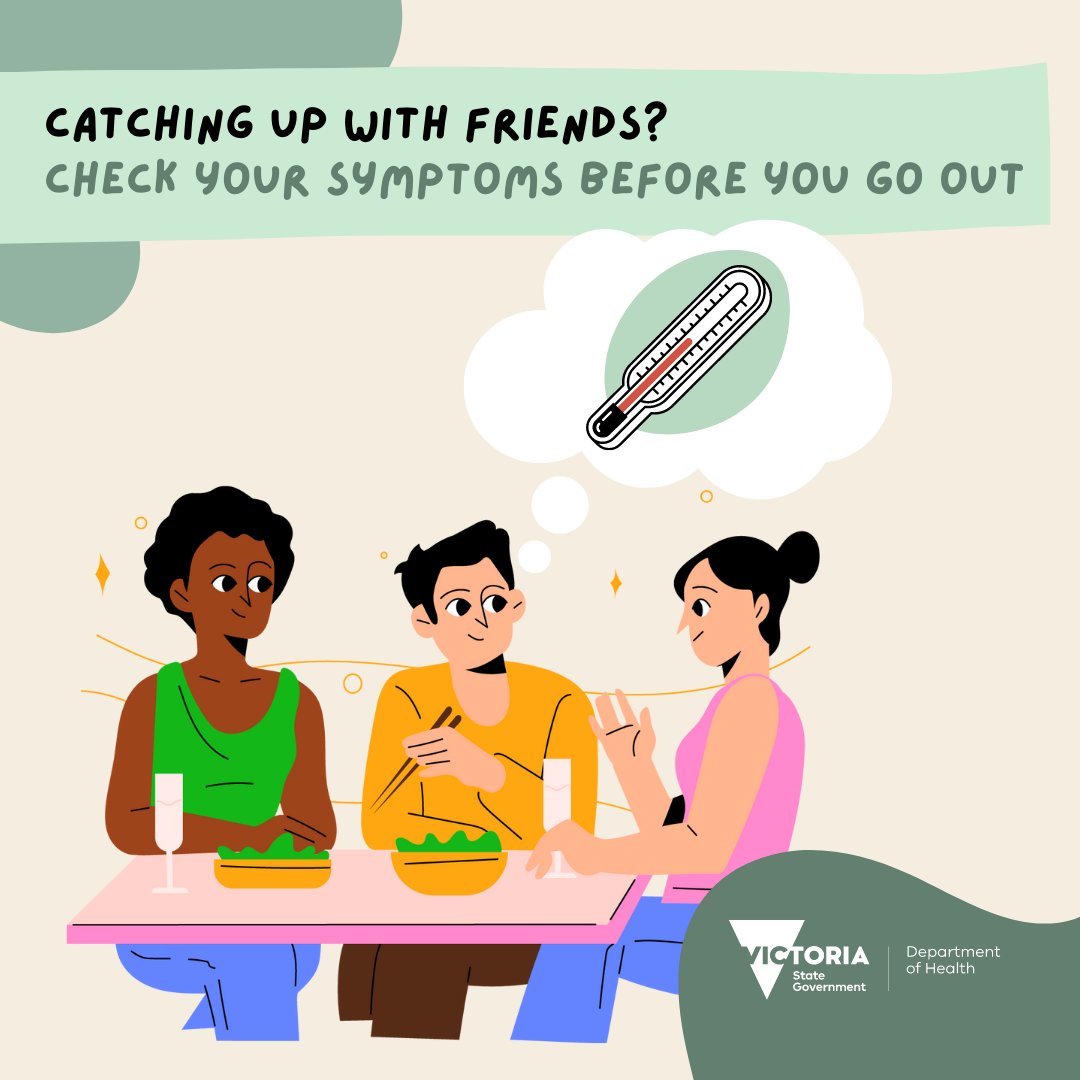VicGovDH's tweet photo. There are simple ways we can stay COVIDSafe as we go about our daily lives. 

Catching up with friends? Protect them by checking for symptoms before you leave home. 

If you have symptoms, stay home and get tested instead. https://t.co/DL8C2n3Jlj