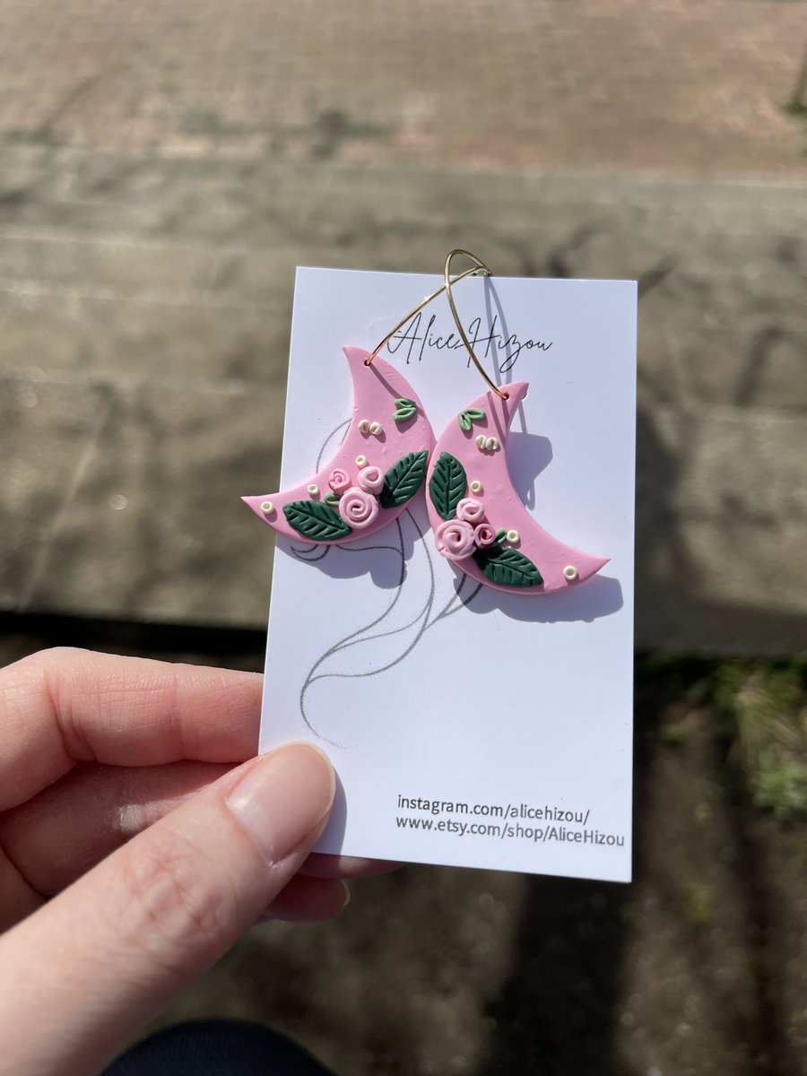 Pink floral moon earrings. These are loop earrings but I can change to hooks or even clip ons upon request. Just leave a comment during checkout or pm me