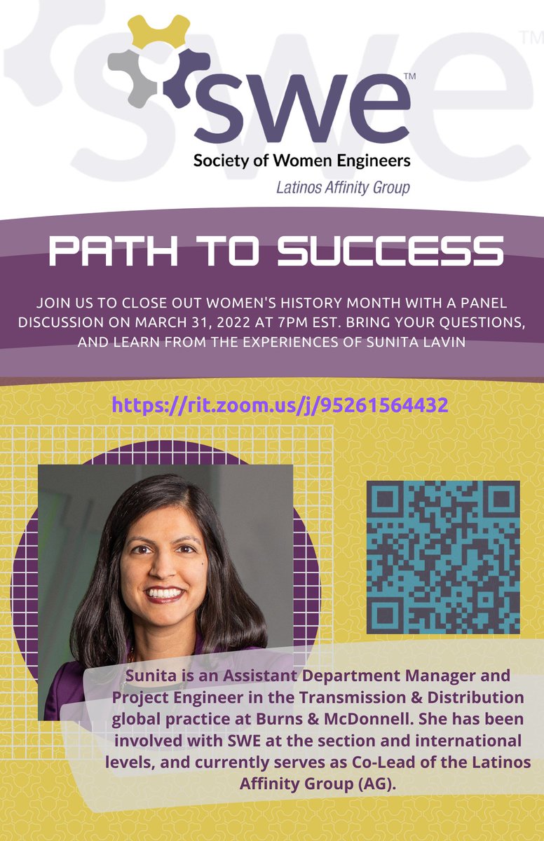 WicysRIT's tweet photo. Join us to close out #WomensHistoryMonth with one of our ✨Path to Success✨ panelists, Sunita Lavin. 

Sunita is an Assistant Department Manger at @BurnsMcDonnell. She is an alum of UNebraska and a sectional and international member of @SWEtalk.

#SWE #WiCyS @WiCySorg https://t.co/typtpdDiRK
