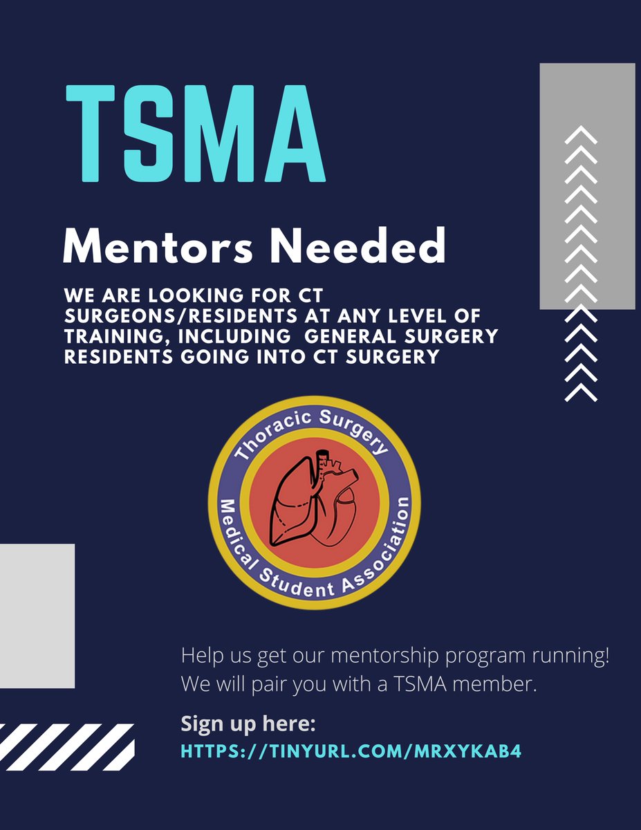 Calling all CT surgeons and trainees! TSMA needs your help to build our Mentorship Program. If you are interested in mentoring aspiring CT surgeons, please leave your info here: tinyurl.com/mrxykab4
