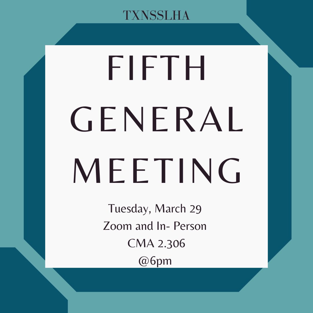 TexasNSSLHA's tweet photo. Hey everyone! We will be have our Fifth General Meeting this Tuesday. Dr. Hatton is our guest speaker! She will be giving a presentation on Vestibular Science. Don’t miss out! https://t.co/qVpt0Tdb0t