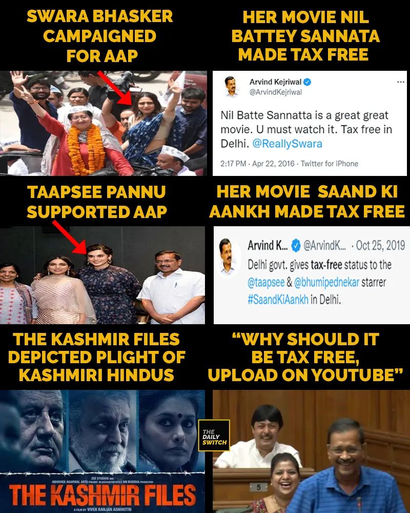 Pic. speaks itself about the chief minister of Delhi Mr <a href="/ArvindKejriwal/">Arvind Kejriwal</a> and supports #केजरीवाल_लिस्ट_दिखा  
Kejri says "Campaign for me &amp;  your movie is tax free in Delhi"
Actress like Swara &amp; Taapsee  supported AAP were part of campaigns, rewarded, movies were Tax Free in Delhi.