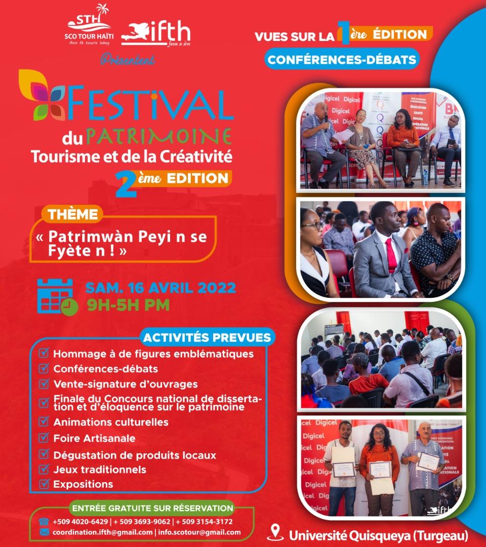 2e édition du Festival du Patrimoine, du tourisme et de la Créativité

A l’occasion de Journée mondiale des monuments et des sites célébrée chaque 18 avril, Sco Tour Haiti (STH) et l’Initiative des femmes haïtiennes dans le tourisme (IFTH), organisent la 2e édition du Festival..
