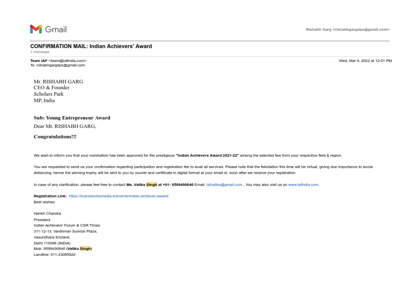 Pleasant surprise to be nominated for Indian Achievers - Young Entrepreneur Award !