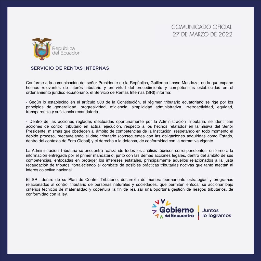 SRIoficialEc's tweet photo. Comunicado oficial del @SRIoficialEc en relación a la carta del señor Presidente de la República, @LassoGuillermo, en la que expone hechos relevantes de interés tributario ⬇️. https://t.co/05Ht3wrbUW