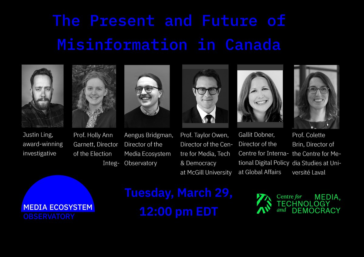 REMINDERS: TUES noon (EDT) roundtable on misinformation in Canada

Feat @Justin_Ling, @HollyAnnGarnett (@RMCCanadaCMR, @ElectIntegrity), @AengusBridgman (@MediaEcosystem), @GallitDobner, @ColetteB (@UniversiteLaval, @Centre_Sur) & hosted by @taylor_owen

➡️eventbrite.co.uk/e/the-present-…