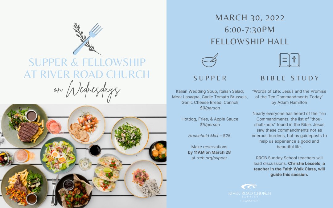 RRCBaptist's tweet photo. Reminder: Make your supper reservation by 11AM Monday morning at https://t.co/CeViDVpotf.
⁠
After dinner we will continue our Bible study on Adam Hamilton's book, “Words of Life: Jesus and the Promise of the Ten Commandments Today.” Christie Lessels will lead the lesson. https://t.co/rgMK8A3rzy