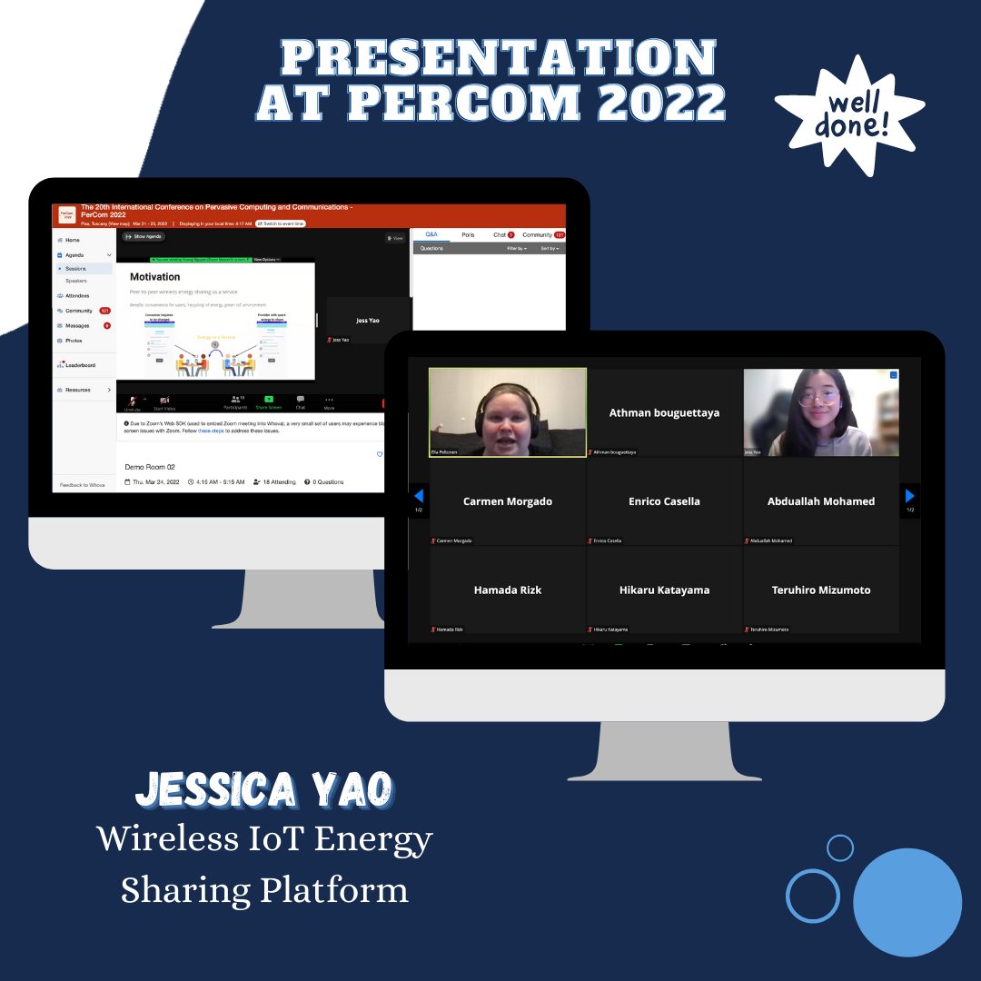SCSLab's tweet image. 🔷Well done to our student Jess Yao presenting her work in PERCOM 2022🔷⁠
⁠
🔹Wireless IoT Energy Sharing Platform
🔹Jess Yao, Amani Abusafia, Abdallah Lakhdari, Athman Bouguettaya
🔹lnkd.in/gR465h-y
🔹Demo: lnkd.in/gwQ6hBBb

#wirelesscharging #PERCOM2022