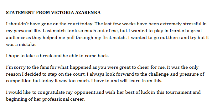 ReemAbulleil's tweet photo. Statement from Victoria Azarenka:

I shouldn’t have gone on the court today. The last few weeks have been extremely stressful in my personal life. Last match took so much out of me, but I wanted to play in front of a great audience as they helped me pull through my first match... https://t.co/lufnyYyyZg
