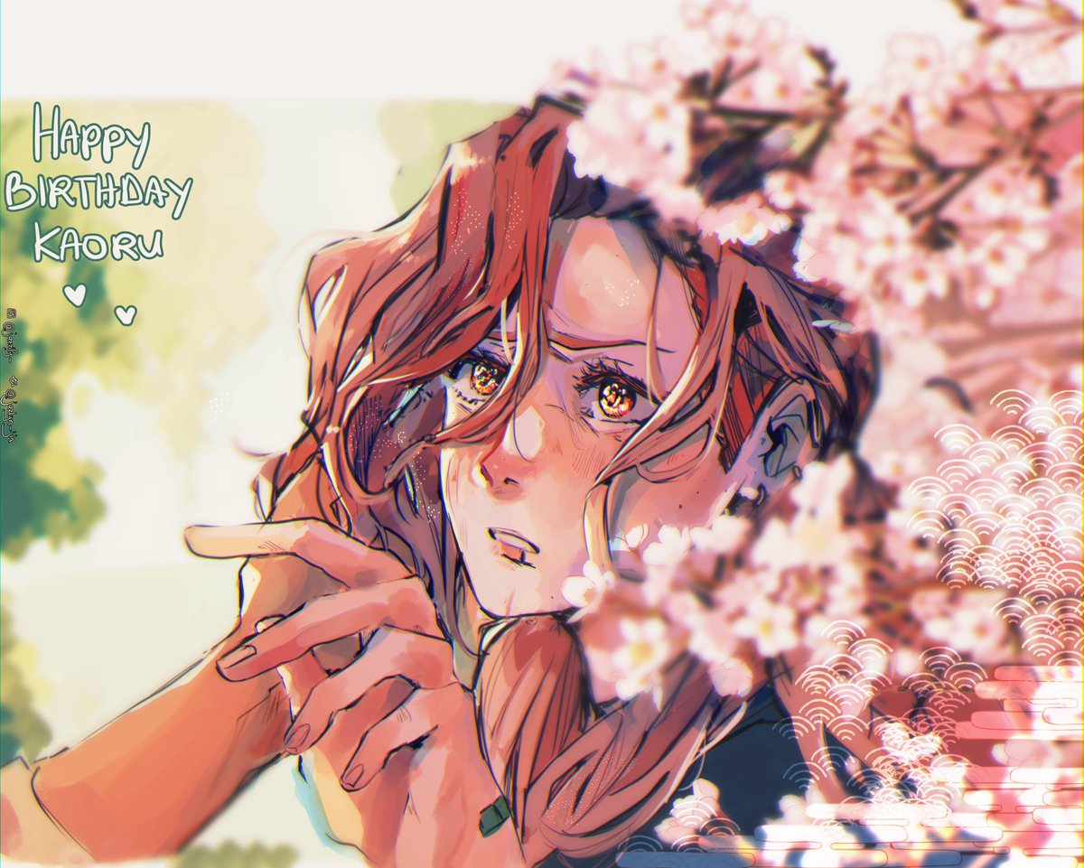 1girl happy birthday blush cherry blossoms long hair solo focus brown hair  illustration images