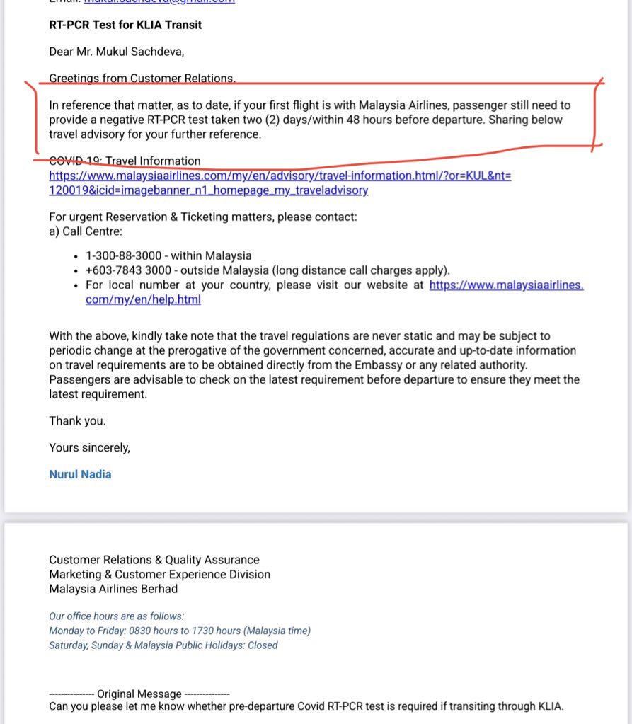MohitShahi's tweet photo. @MAS @thevoiceguy @MAS many thanks for the reply. How to avoid any hassle if the MH staff demands RT-PCR during check-in based on the misinformation on your website’s COVID-19 portal and email reply as attached? https://t.co/RqDHCaCW4b