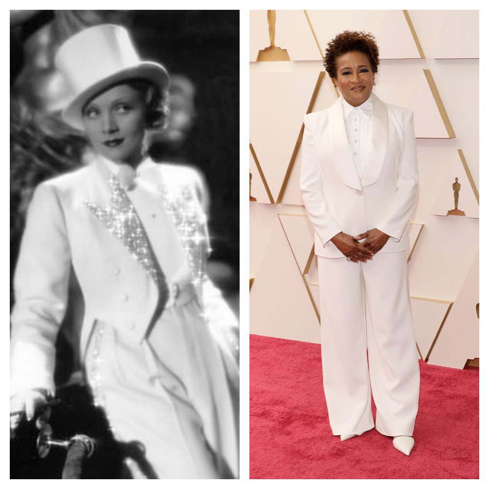 GlamAmor's tweet photo. #Oscars2022 host @iamwandasykes looked fantastic in her white tuxedo on the red carpet. #TravisBanton and #MarleneDietrich originated the tuxedo in MOROCCO (1930). They then followed up with a white version for BLONDE VENUS (1932). Signature Dietrich style on and off the screen. https://t.co/c3tis6a4MF