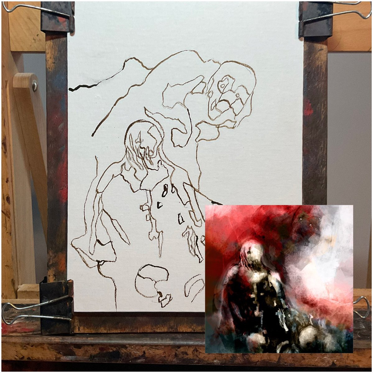 ShadowMyths's tweet photo. laying down line work for my latest painting. Next step is to throw paint. #wip #painting #darkart #robot #decil #demon #conscience #illustration #weird #odd https://t.co/Ka0Ev07x3Q