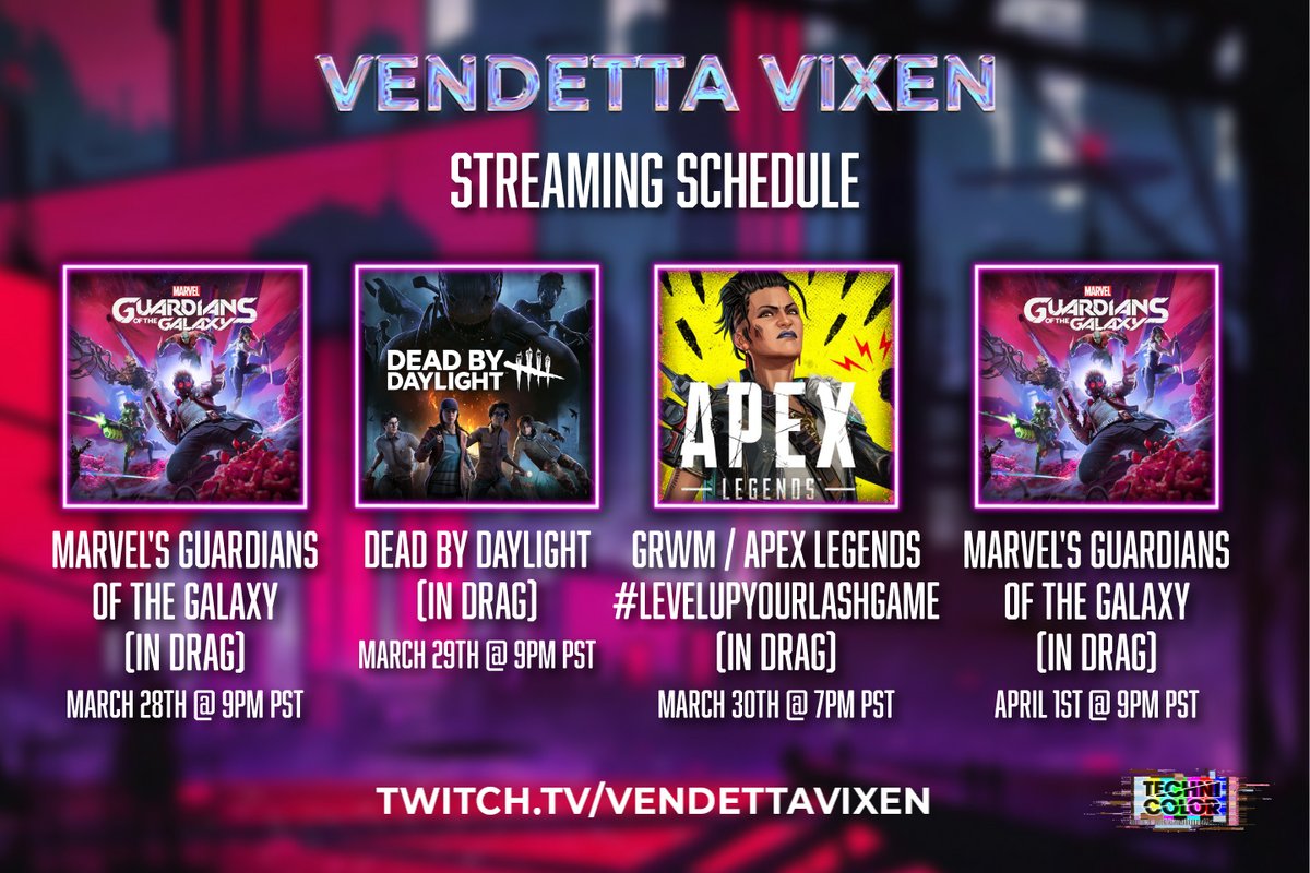 VendettaVixenTV's tweet photo. This upcoming week we'll be continuing #GuardiansOfTheGalaxy and playing some more @DeadByBHVR and @PlayApex Miss streaming a lot so why not go all out!
Hope to see you there! #twitch #giveaway, also March 30th we will be doing a @matsugay stream!
#levelupyourlashgame https://t.co/09xu6bY2xf