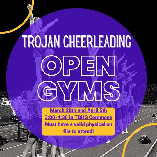 Cheer tryouts are right around the corner!! Tryout week will be held April 11-14, come join us at our open gyms this week and next at TBHS🤩💜