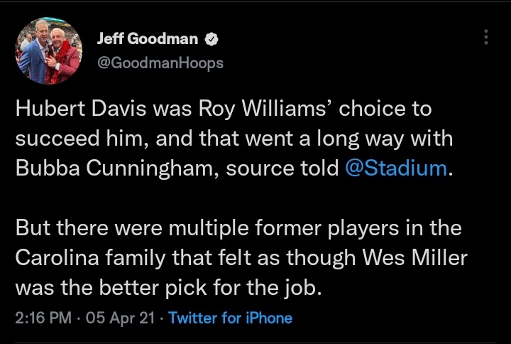 devinnotbooker's tweet photo. *narrators voice*
Hubert Davis was in fact the better pick for the North Carolina job than Wes Miller.
#SPCvsUNC #MarchMadness https://t.co/2RllvD4Yw5