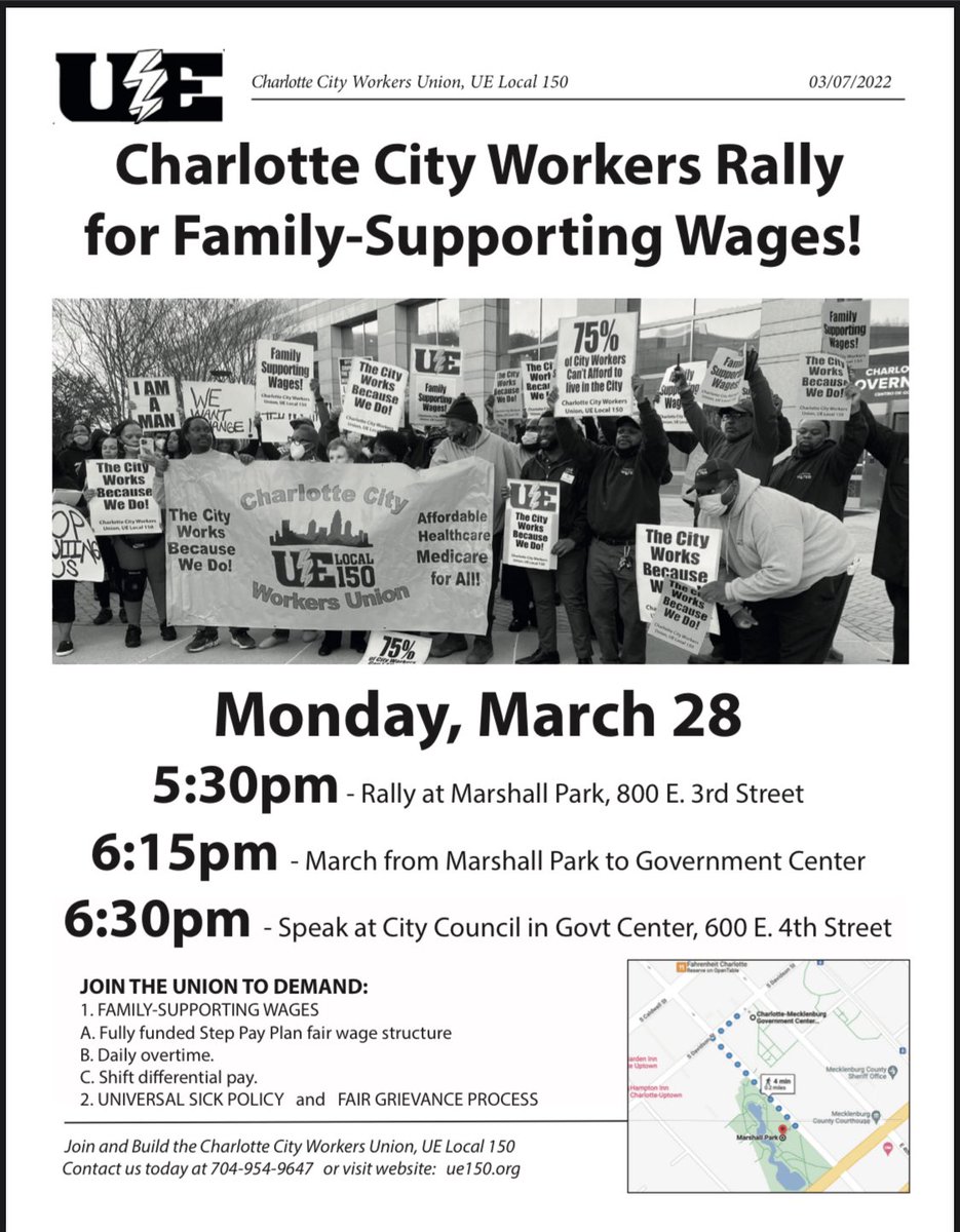 SJC_Clt's tweet photo. 🗣Help get the Word Out!
We Need All City Workers and Community Supporters to Show Up Tomorrow, Monday March 28th to help City Workers Get a Honest Days Pay, For a Honest Days WORK!
Come Out and Show Your Support.
 #UE150 #OrganizingTheSouth 
#RankAndFile #CharlotteCityWorkers https://t.co/hf862VirdS