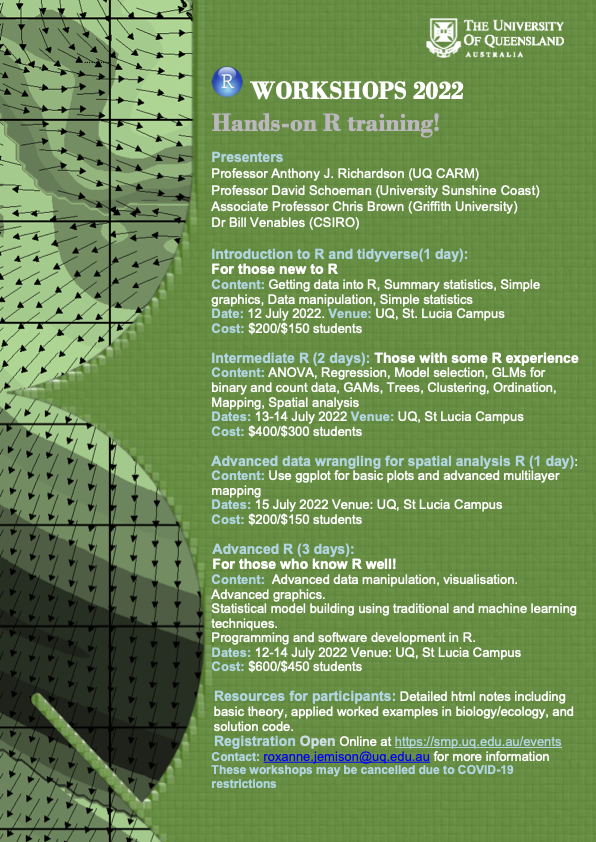 David Schoeman (@prof_schoeman) on Twitter photo Dear all, just a heads up that registration is open for the rescheduled R Workshops at UQ this winter, with Ant Richardson, <a href="/bluecology/">Chris Brown</a> and Bill Venables. #RStats
smp.uq.edu.au/events Dear all, just a heads up that registration is open for the rescheduled R Workshops at UQ this winter, with Ant Richardson, <a href="/bluecology/">Chris Brown</a> and Bill Venables. #RStats
smp.uq.edu.au/events