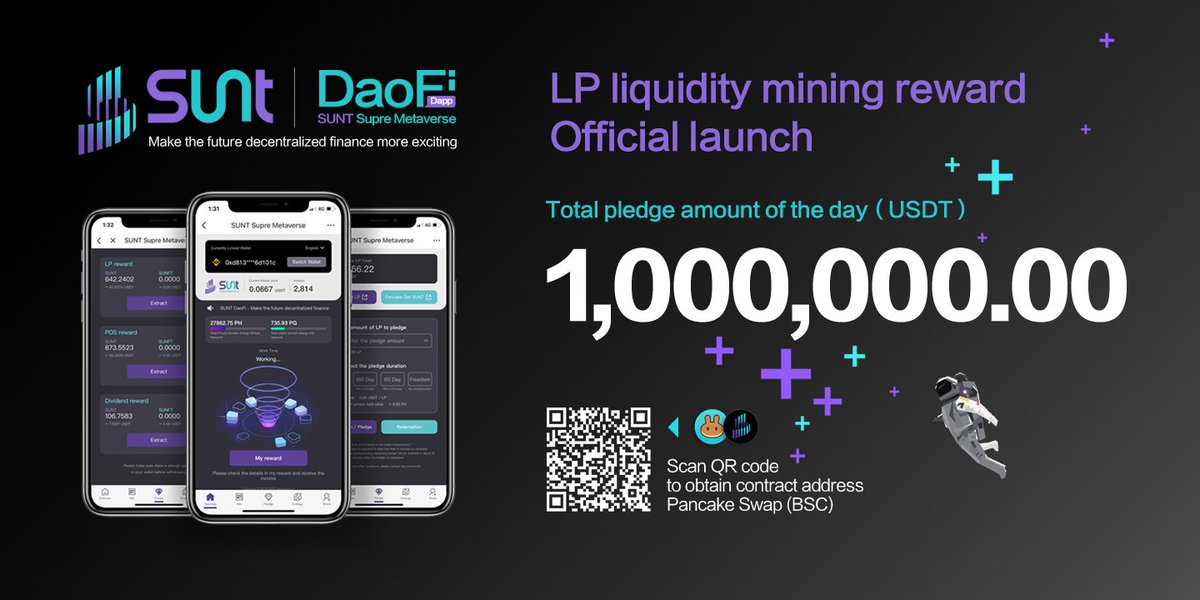 SUNT·DaoFi  |  DAPP
Suntlp's liquidity mining reward was officially launched ！

Total pledge amount of the day
1,000,000.00 USDT

Join us and build it together ！