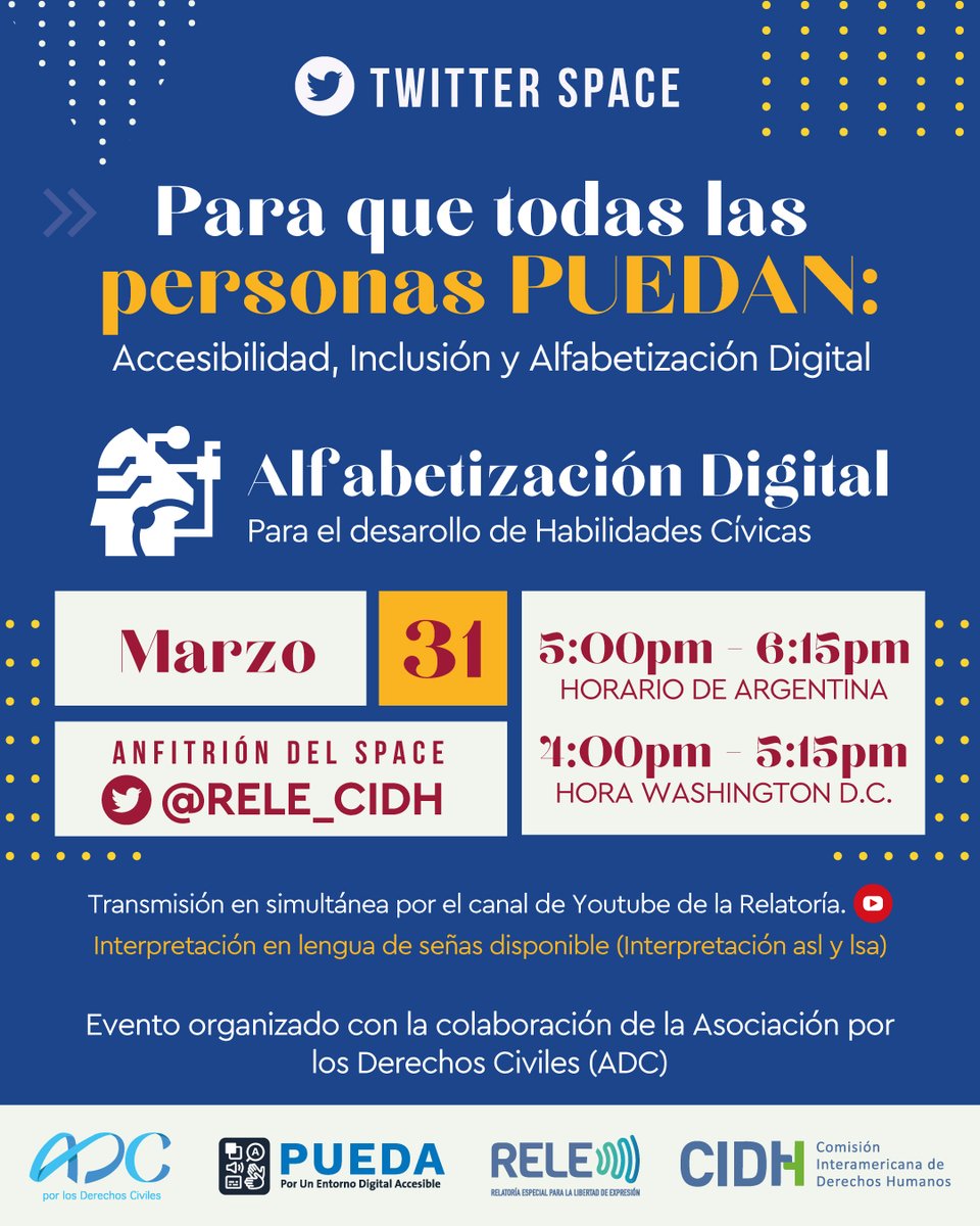 RELE_CIDH's tweet photo. #AmericasDialogue ¿Cuál es el panorama de la accesibilidad web en materia de derechos humanos? Te invitamos a participar delTwitter Space del Diálogo de las Américas, en colaboración con @adcderechos
¡No olvides activar el recordatorio! 🎙️ https://t.co/0P0OG47Ach https://t.co/YW54cOxq9y