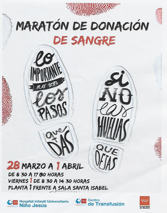 #MaratónDeDonaciónDeSangre
#HospitalInfantilNiñoJesús
L 28 marzo a V 1 de abril
L a J de 8:30-17 h * V de 8:30 a 14:30 h
#BancoDeSangre 1ª Planta frente Sala Sta. Isabel
<a href="/Madridonasangre/">Centro de Transfusión🩸</a> 
#DonaVida #DonaSangre #DejaTuHuella
<a href="/RemediosVilla/">Remedios Villa</a>