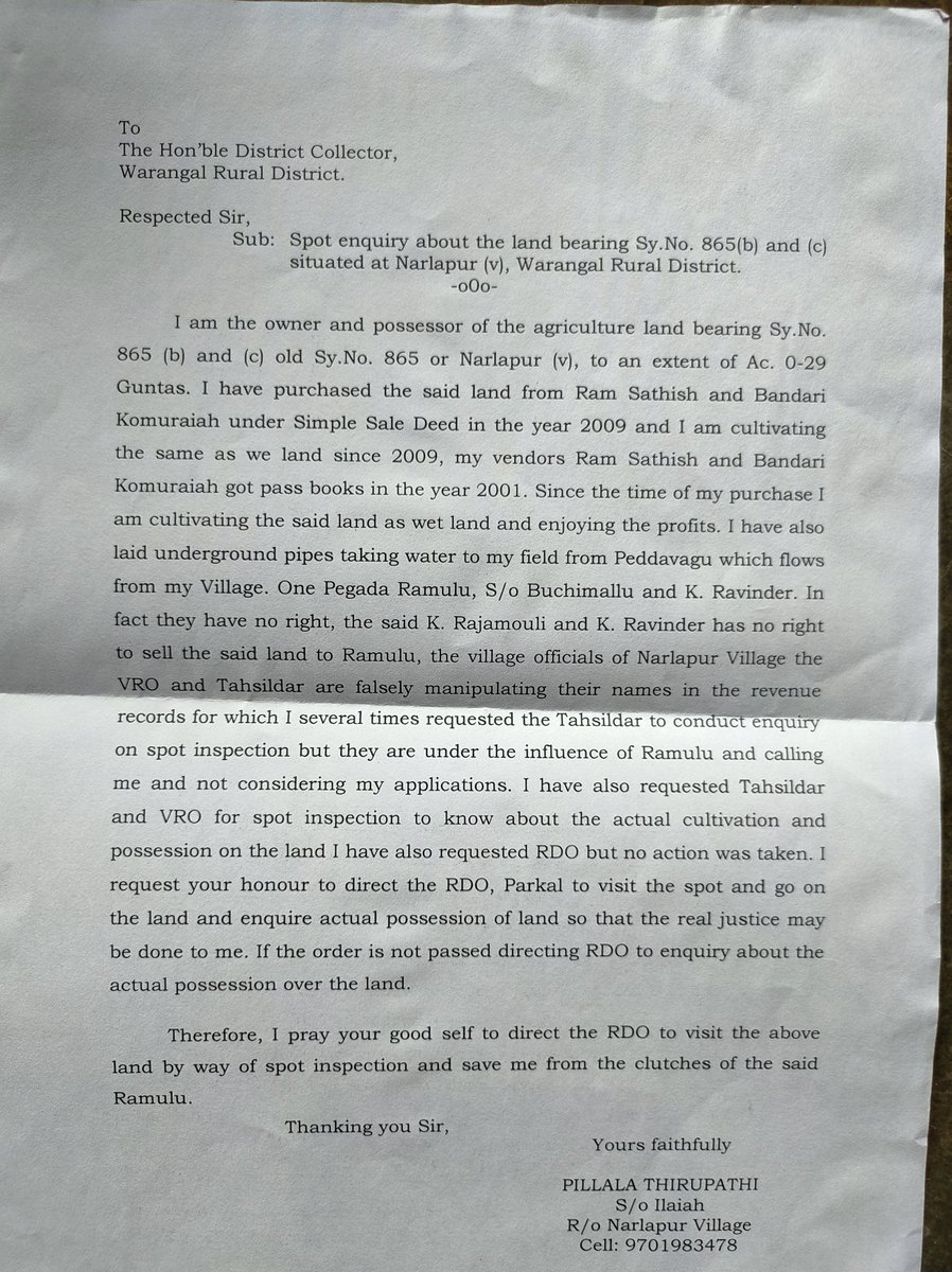 dhasharadhgoud's tweet photo. @Collector_WGL Dear Sir, please save us from the clutches of MRO Harikrishna and his friend Pedaga Ramulu,,both of them are trying to grab our land..please help us entire village know the truth..🙏🙏 you are our last hope.. https://t.co/upBxpDhOyE