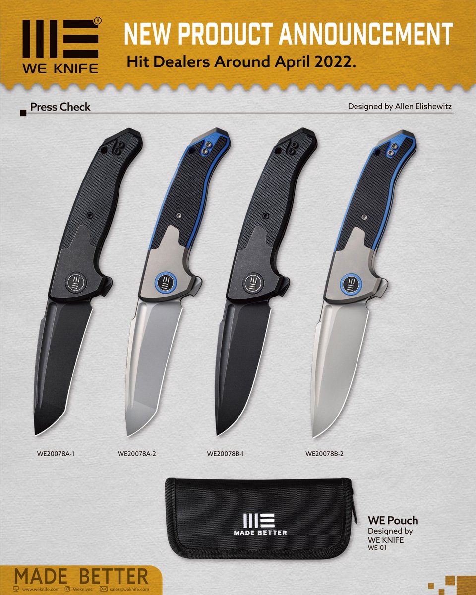 🔥🔥🔥WE is pleased to announce the NEW 𝐏𝐫𝐞𝐬𝐬 𝐂𝐡𝐞𝐜𝐤 &amp; 𝐖𝐄 𝐏𝐨𝐮𝐜𝐡 arriving to dealers around April 2022!👏🏻👏🏻👏🏻
Stay tuned for more updates!
.
.
.
#Weknife #Weknives #Edc #Badass #Everydaycarry #Tool #Tools #Sharp