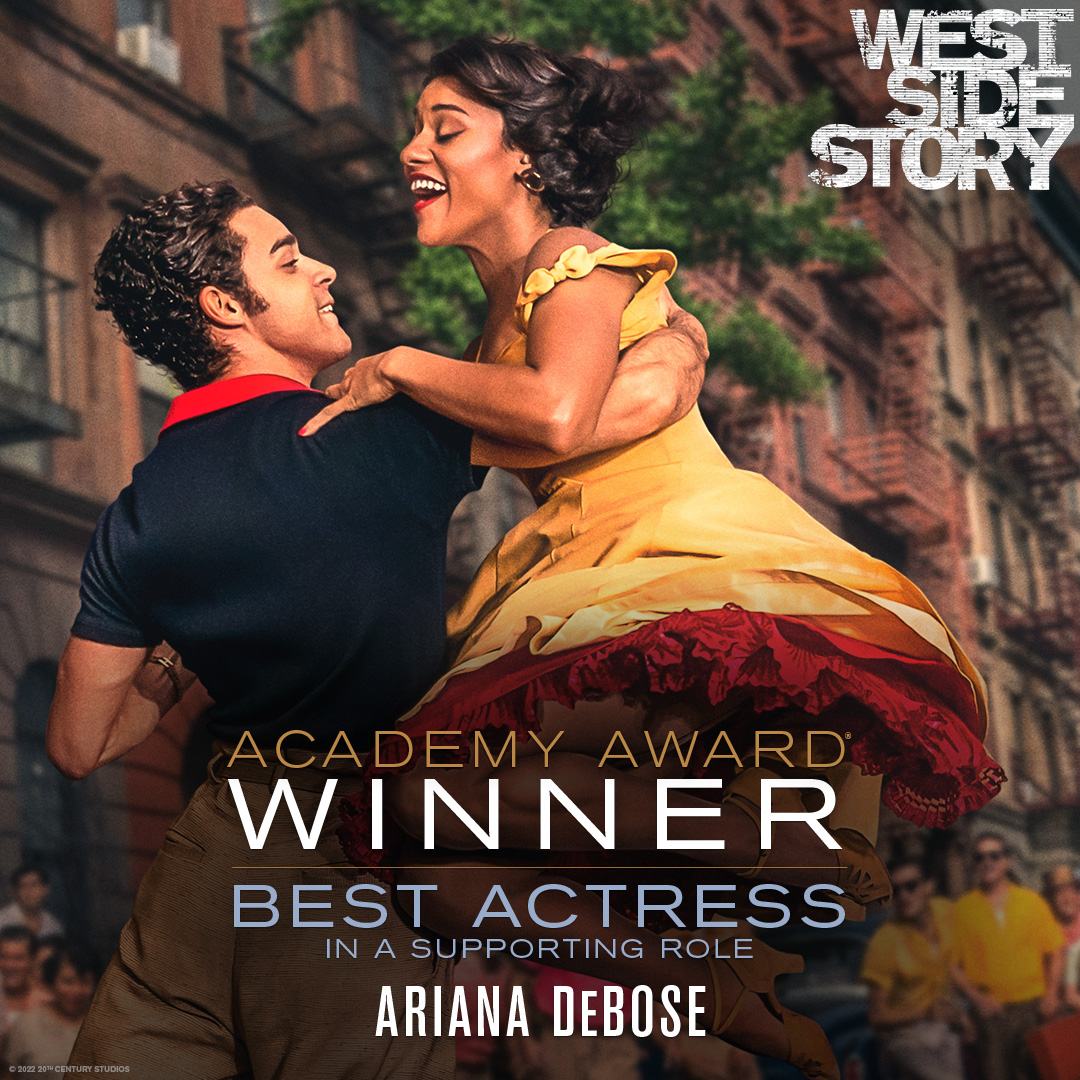 WestSideMovie's tweet photo. Congratulations to Ariana DeBose on winning the #AcademyAward for Best Actress in a Supporting Role for #WestSideStory! https://t.co/t2Ie9nmW4m