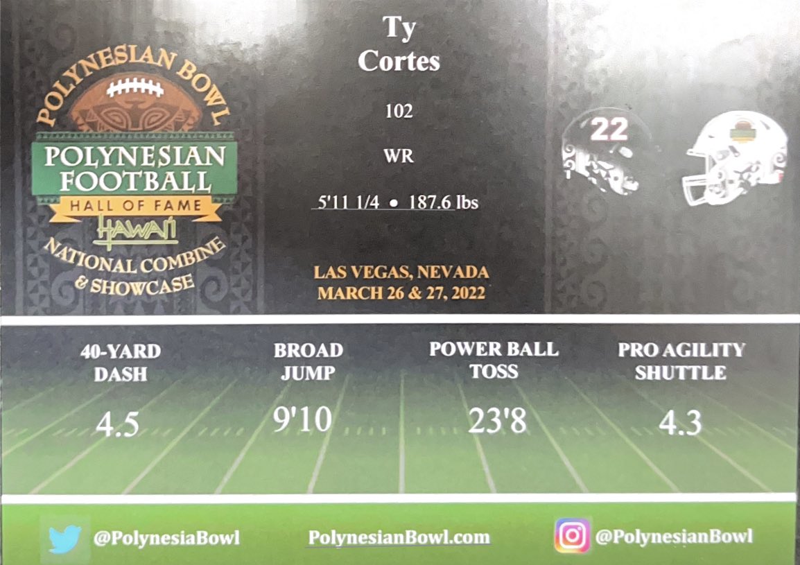I attended my first camp this weekend. Here are my official results! Ran a 4.5 flat laser at the Polynesian Showcase. @eb_winston @GregBiggins @Donsfootball @Daygofootball @HighIntensitySD