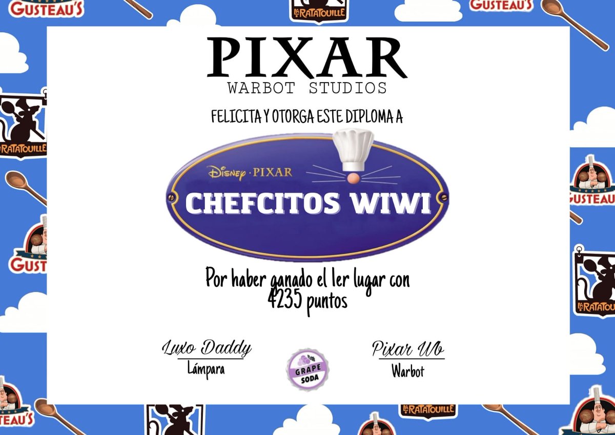 PixarWarbot's tweet photo. 🥘Chefcitos Wiwi lograron hacerse con la victoria del wb de Pixar. Lograron superar todos los obstáculos como sus representantes en la película. Fueron y son un gran equipo. Esperamos puedan comer mucha comida francesa. ¡FELICIDADES Y VIVAN LES RATS!🐁 https://t.co/Z6rndTY5ye
