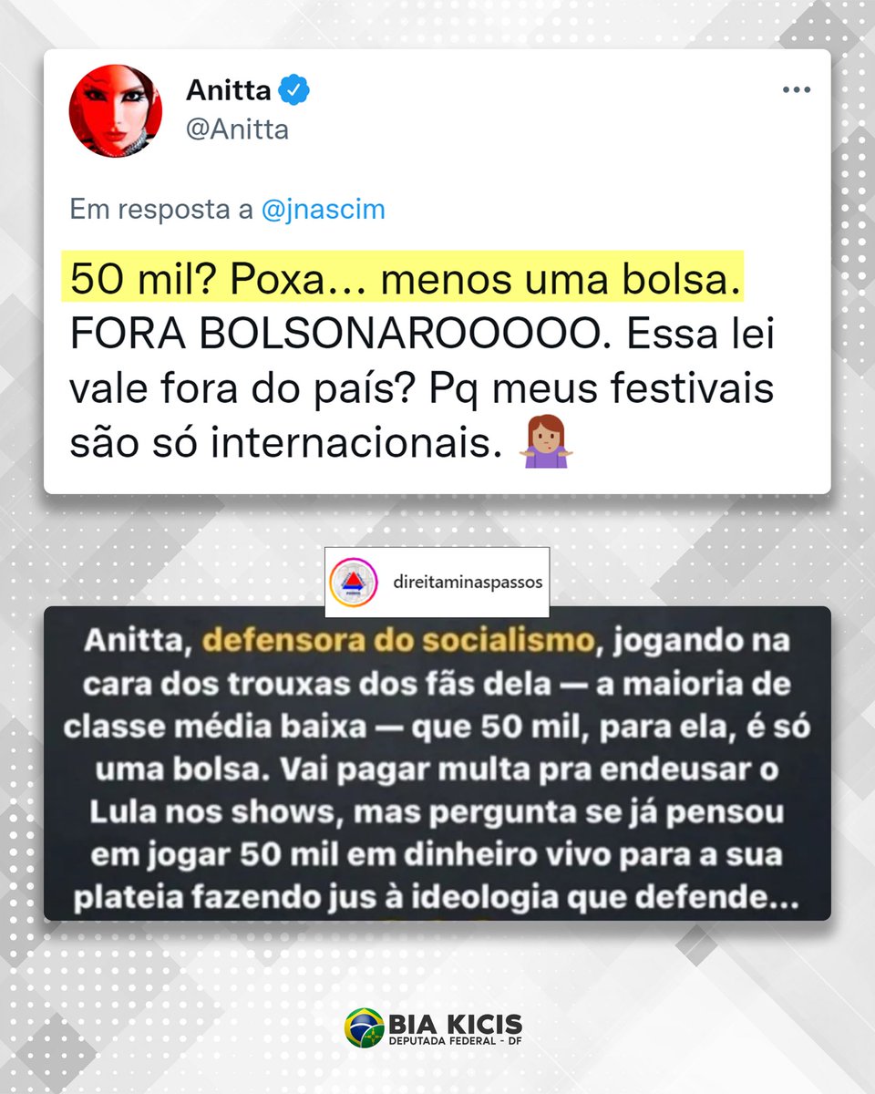 Biakicis's tweet photo. Podem imaginar um apoiador do Presidente @jairbolsonaro fazendo isso? Descumprindo ostensivamente uma decisão do TSE? Pois é. @Anitta descumpriu e ainda debochou da Justiça e da cara do povo brasileiro. https://t.co/TZI4zIf7P0
