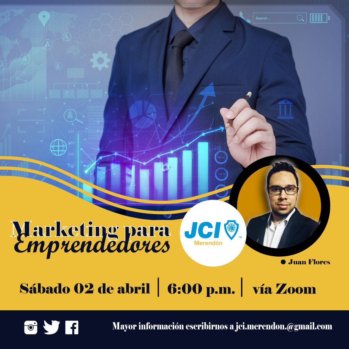 Te invitamos a nuestra #capacitación "Marketing para Emprendedores" impartida por Juan Flores. 
Nos compartirá consejos y herramientas para poder crecer como jóvenes líderes emprendedores.
Los esperamos el Sábado 2-Abril.
#Wearethechange
#jci
#jcimerendón
#LiderarEsNuestroDeber