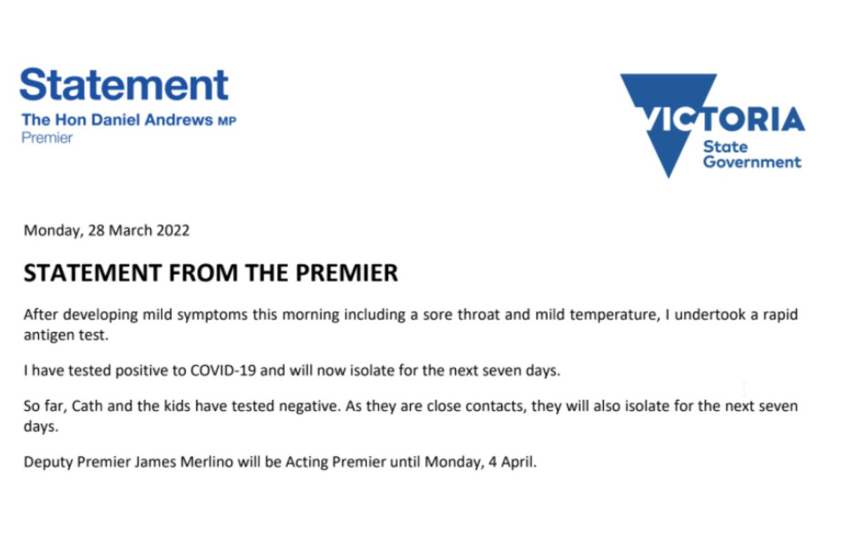 DanielAndrewsMP's tweet image. I woke up today with some symptoms and did a RAT before heading to the office. It was positive.

Cath and the kids are negative, but as close contacts will isolate with me for seven days.