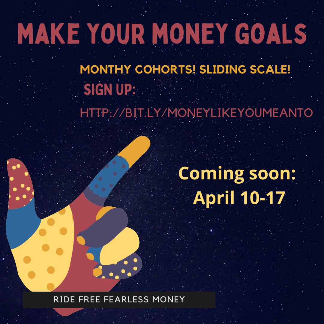 Ready to move past your inertia and fear of money? Join me and other rad folks to identify your goals, learn more and move forward with confidence on your spending, savings and money-bucketing! 

April 10-17. Sign up at Bit.Ly/MoneyLikeYouMe…

#moneygoals